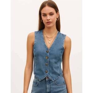 NEW SWEETKAMA denim solid v neck vest in blue